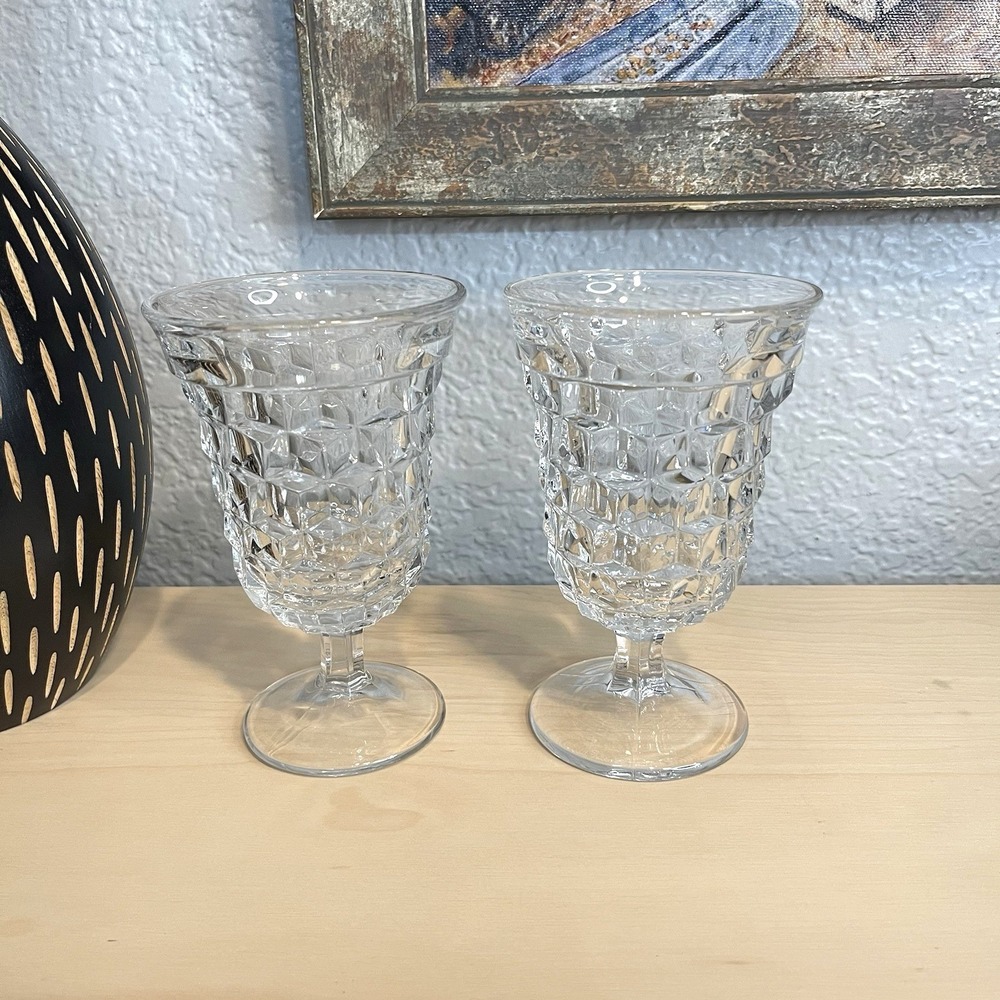 Vintage Fostoria American Cubist Pattern Clear Glass Water Goblets Set Of 2‎